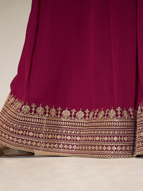 Red Chinon Top with Sequins Embroidery and Sharara Suit Set