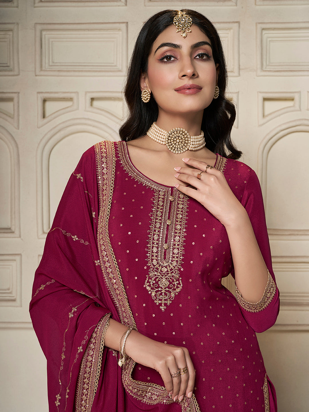 Red Chinon Top with Sequins Embroidery and Sharara Suit Set