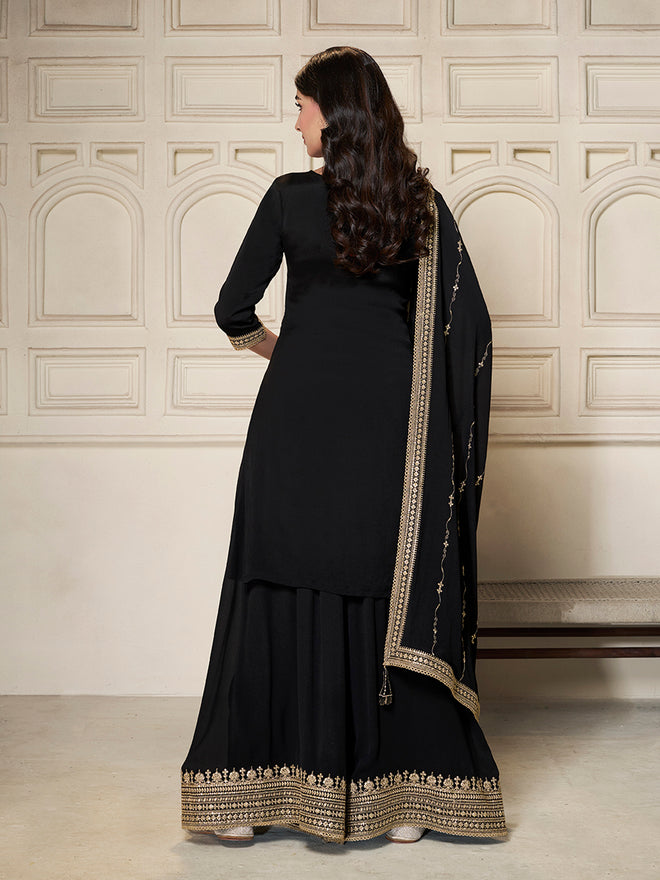 Black Chinon Top with Sequins Embroidery and Sharara Suit Set