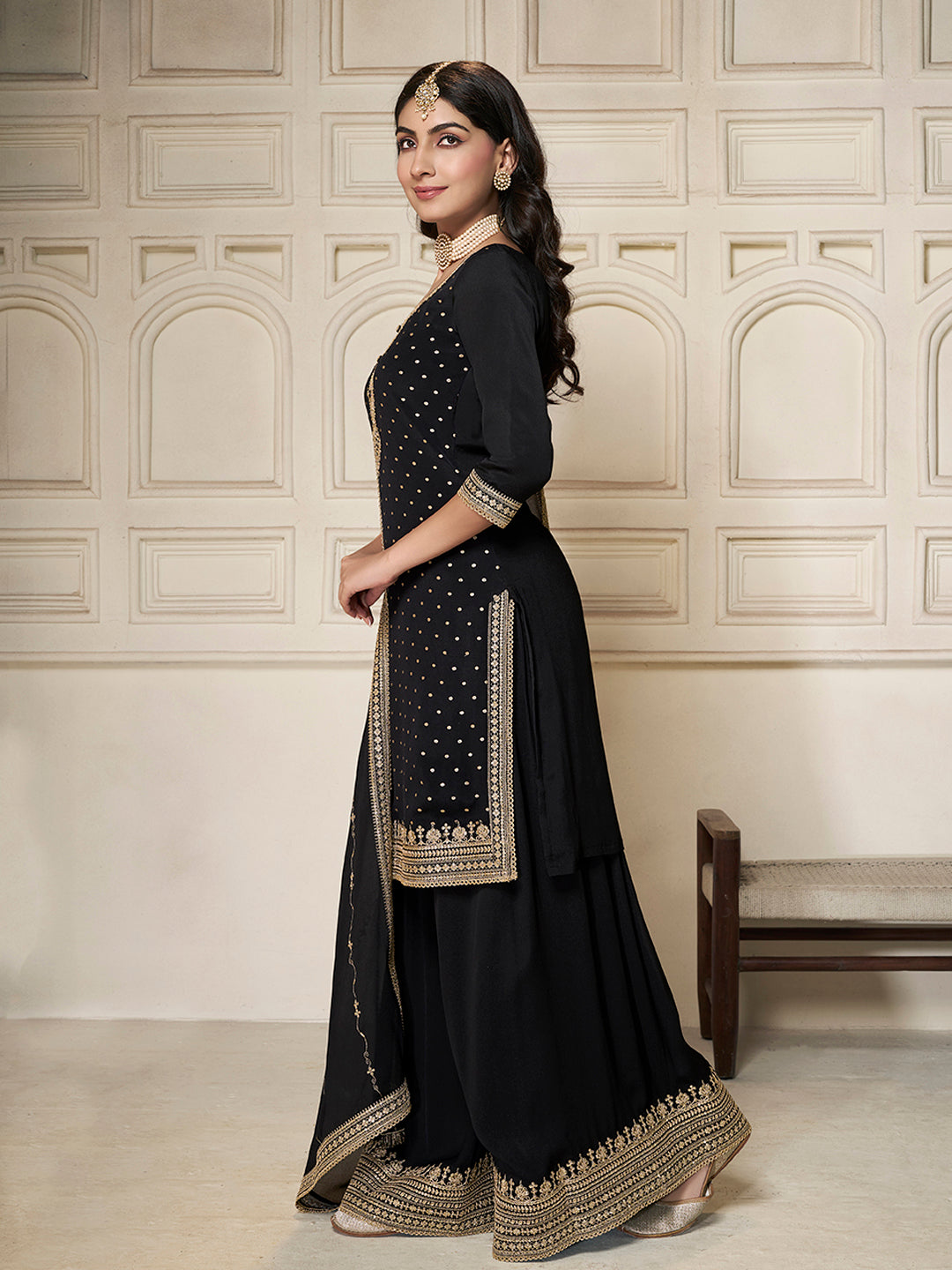 Black Chinon Top with Sequins Embroidery and Sharara Suit Set