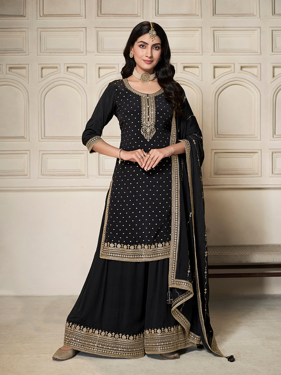 Black Chinon Top with Sequins Embroidery and Sharara Suit Set
