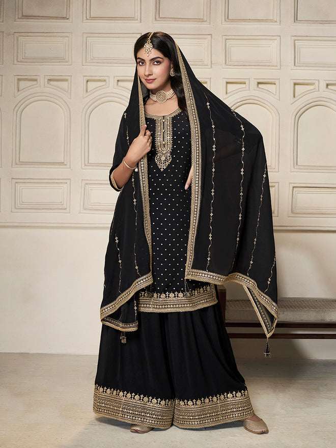 Black Chinon Top with Sequins Embroidery and Sharara Suit Set