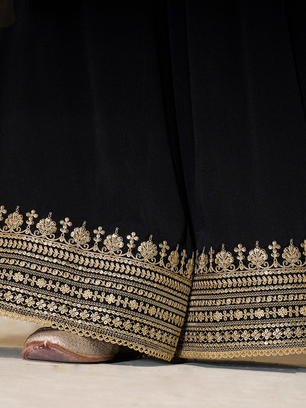 Black Chinon Top with Sequins Embroidery and Sharara Suit Set