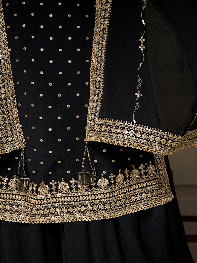 Black Chinon Top with Sequins Embroidery and Sharara Suit Set