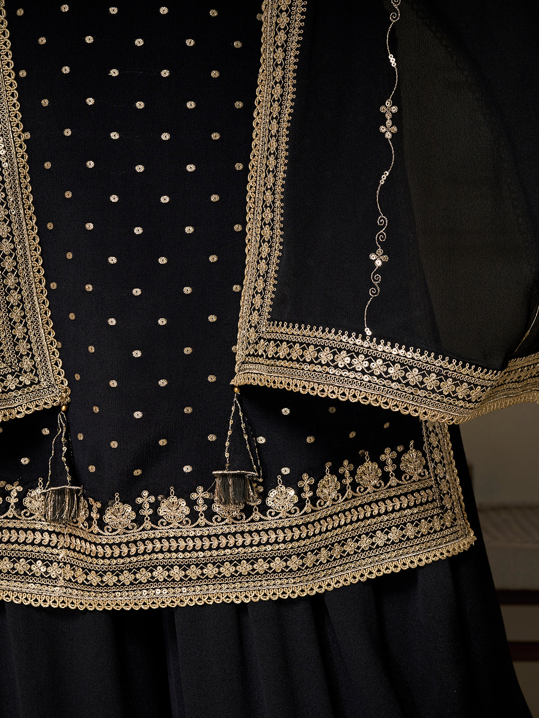 Black Chinon Top with Sequins Embroidery and Sharara Suit Set