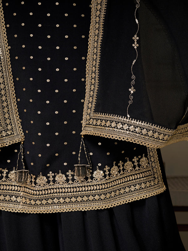 Black Chinon Top with Sequins Embroidery and Sharara Suit Set