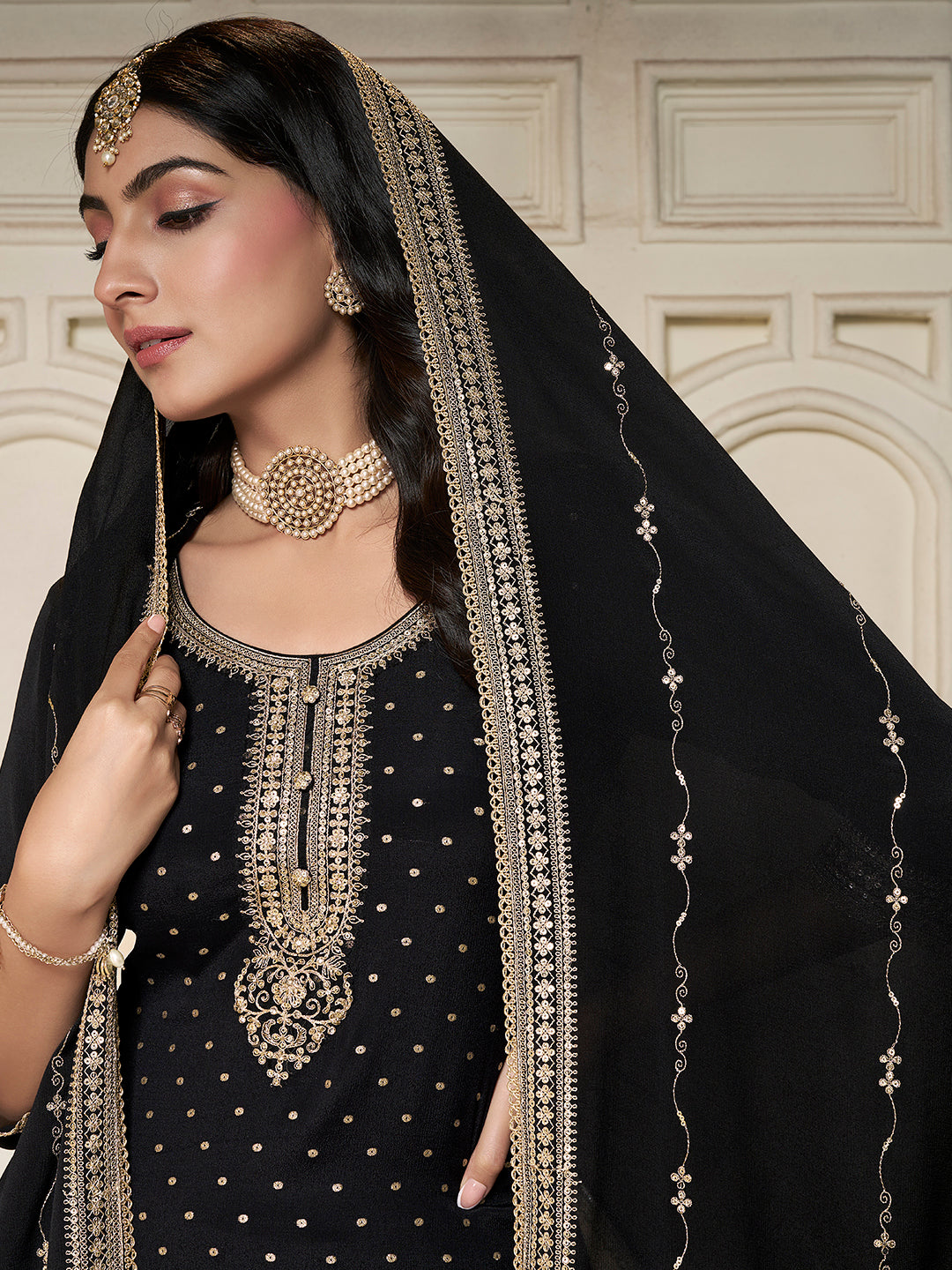 Black Chinon Top with Sequins Embroidery and Sharara Suit Set