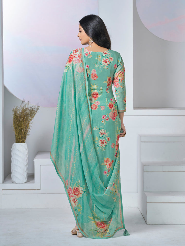 TURQUOISE PRINTED WITH LACE WORK STRAIGHT KURTA WITH DYED TROUSERS AND PRINTED DUPATTA
