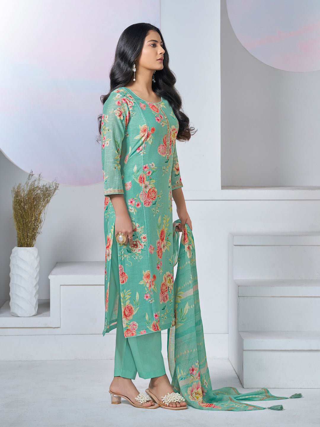 TURQUOISE PRINTED WITH LACE WORK STRAIGHT KURTA WITH DYED TROUSERS AND PRINTED DUPATTA