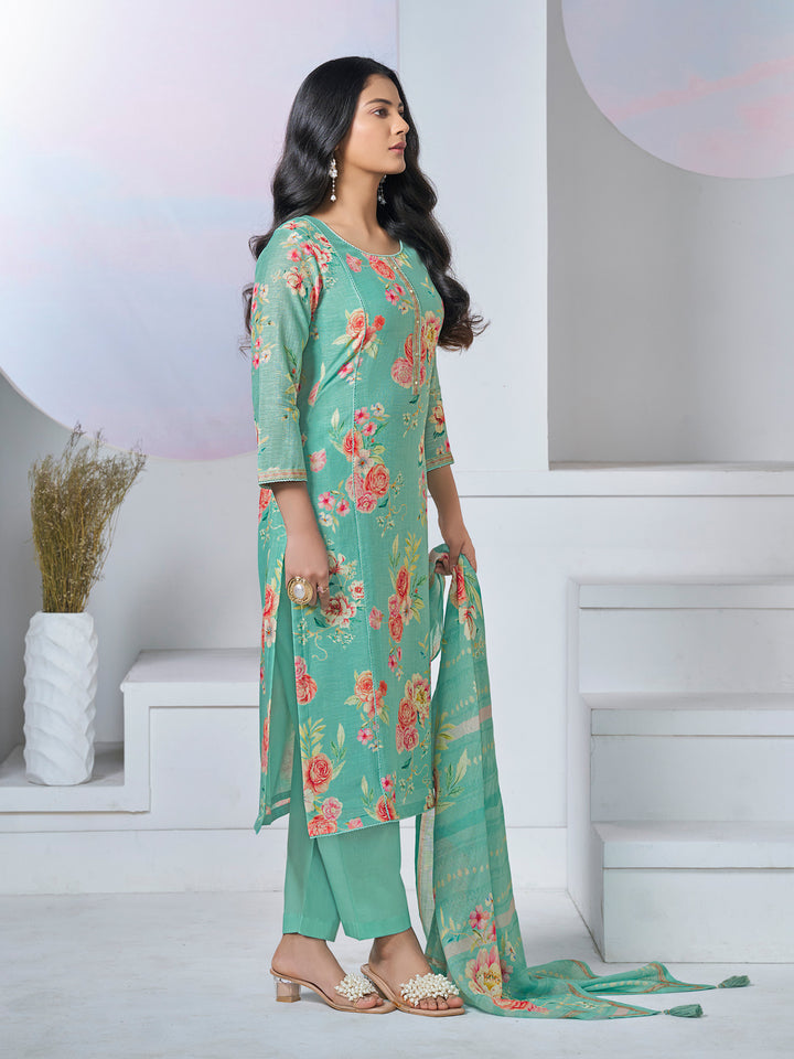 TURQUOISE PRINTED WITH LACE WORK STRAIGHT KURTA WITH DYED TROUSERS AND PRINTED DUPATTA