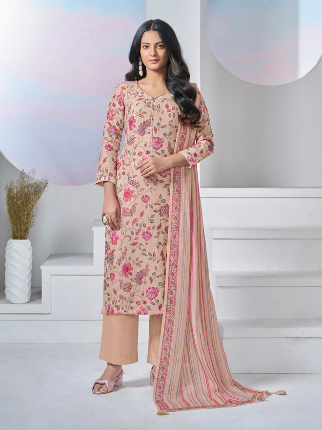 Beige Printed With Lace Work Straight Kurta With Dyed Trousers And Printed Dupatta