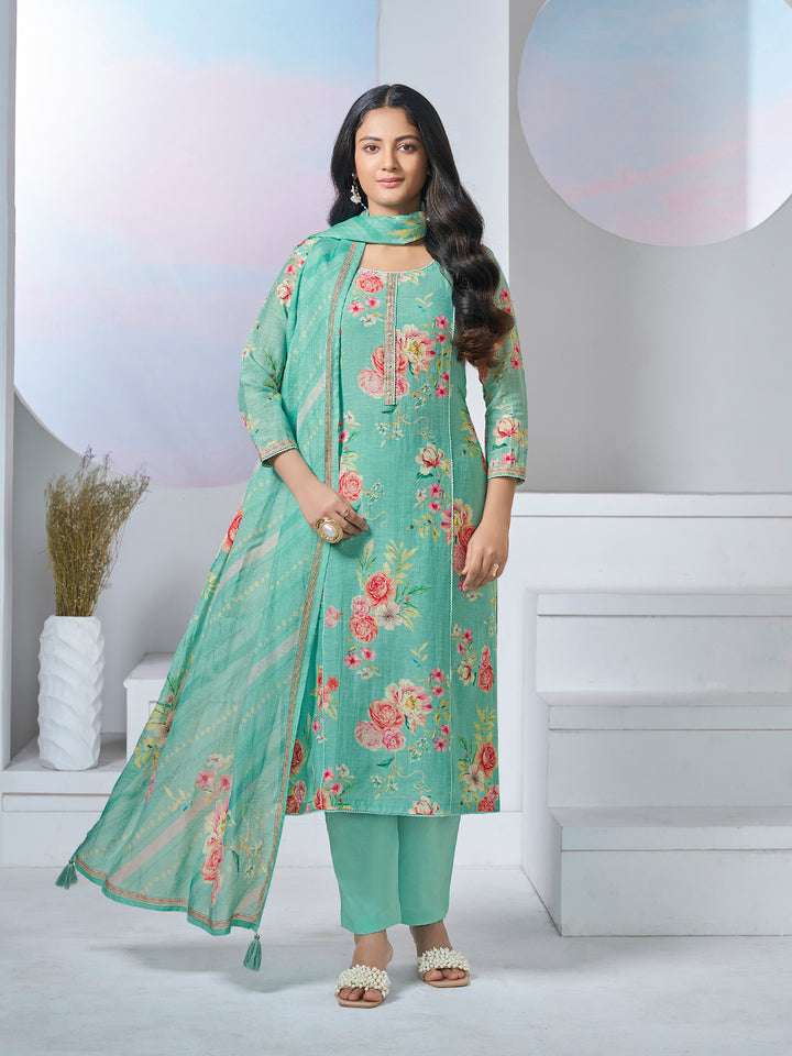 TURQUOISE PRINTED WITH LACE WORK STRAIGHT KURTA WITH DYED TROUSERS AND PRINTED DUPATTA