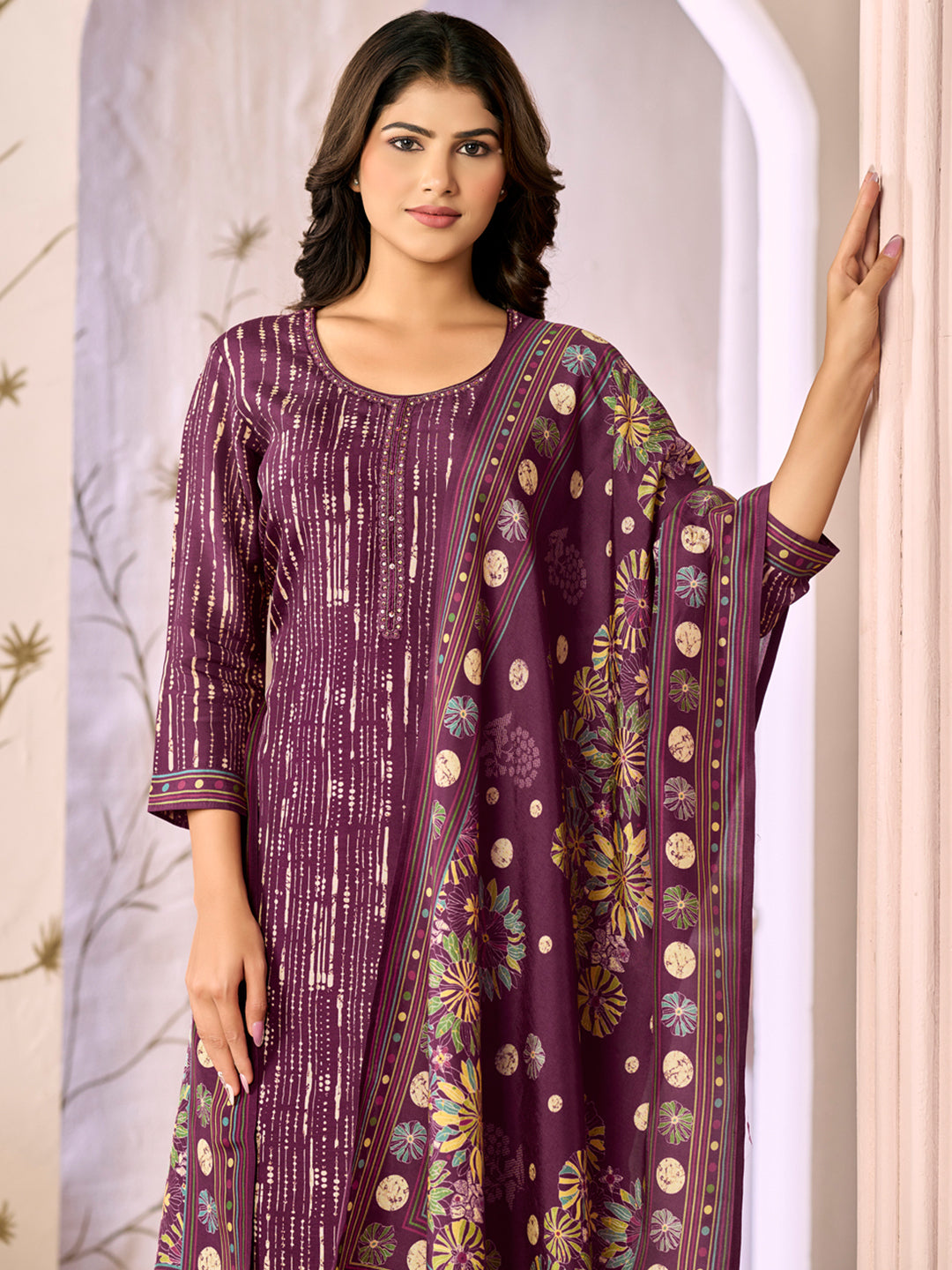 Purple Printed With Handwork Straight Kurta With Dyed Trousers And Printed Dupatta