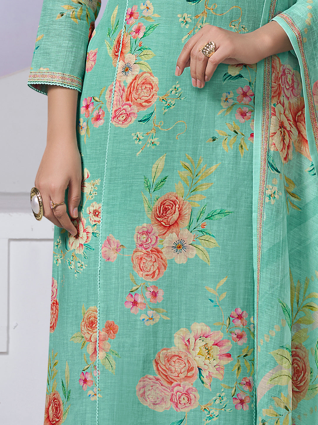 TURQUOISE PRINTED WITH LACE WORK STRAIGHT KURTA WITH DYED TROUSERS AND PRINTED DUPATTA