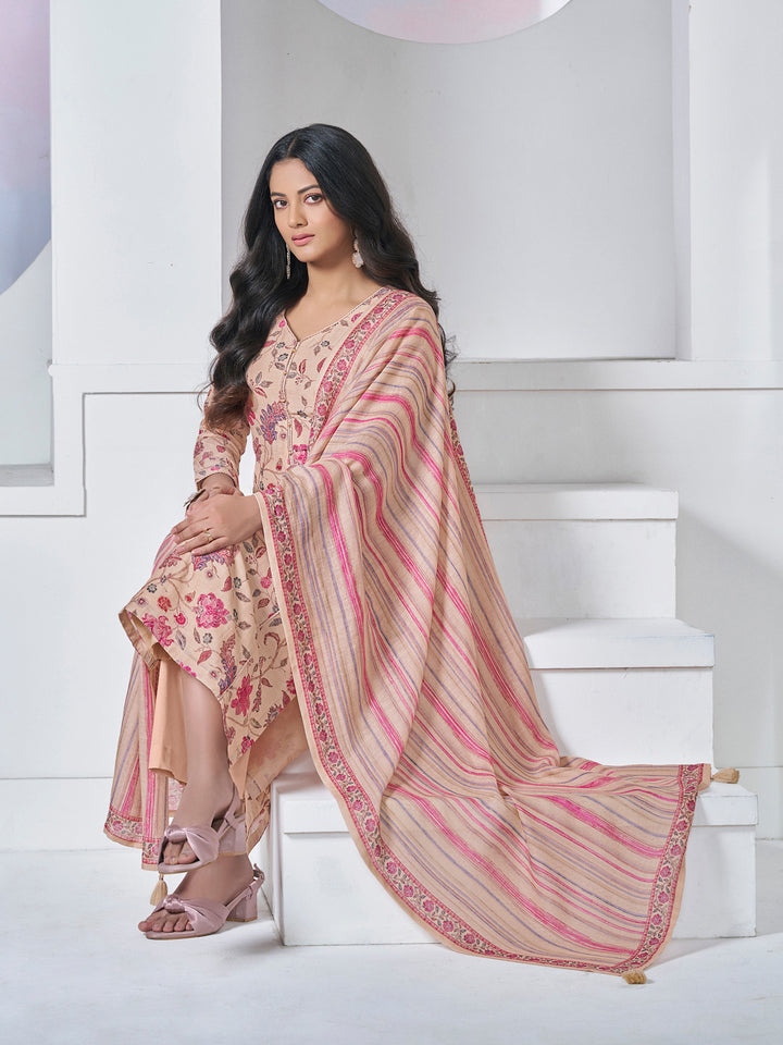 BEIGE PRINTED WITH LACE WORK STRAIGHT KURTA WITH DYED TROUSERS AND PRINTED DUPATTA