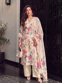 Women's Light Peach Linen Embellished Kurta with Trouser and Dupatta