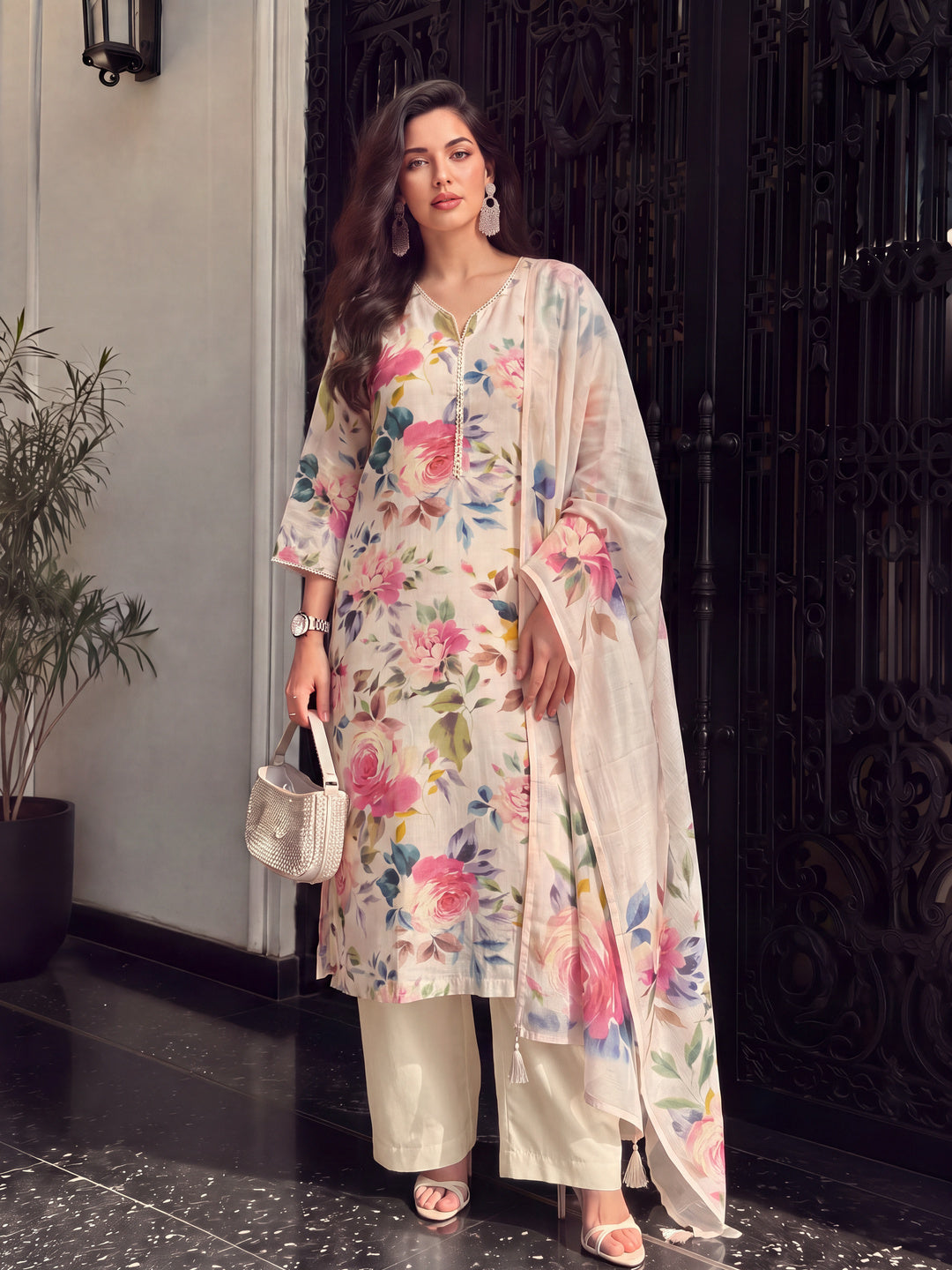 Women's Light Peach Linen Kurta with Trouser and Dupatta