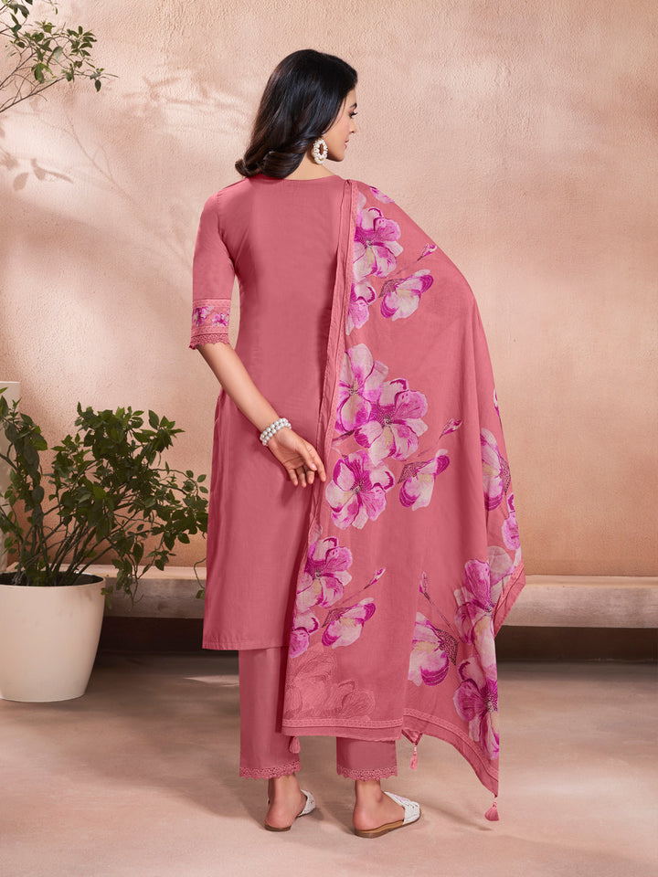 Pink Cotton Top with Designer Border Trouser and Digital Floral Dupatta Kurta Suit Set.