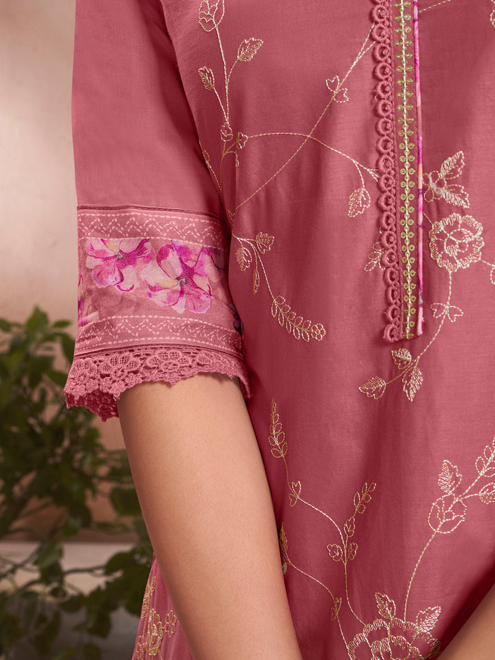 Pink Cotton Top with Designer Border Trouser and Digital Floral Dupatta Kurta Suit Set.