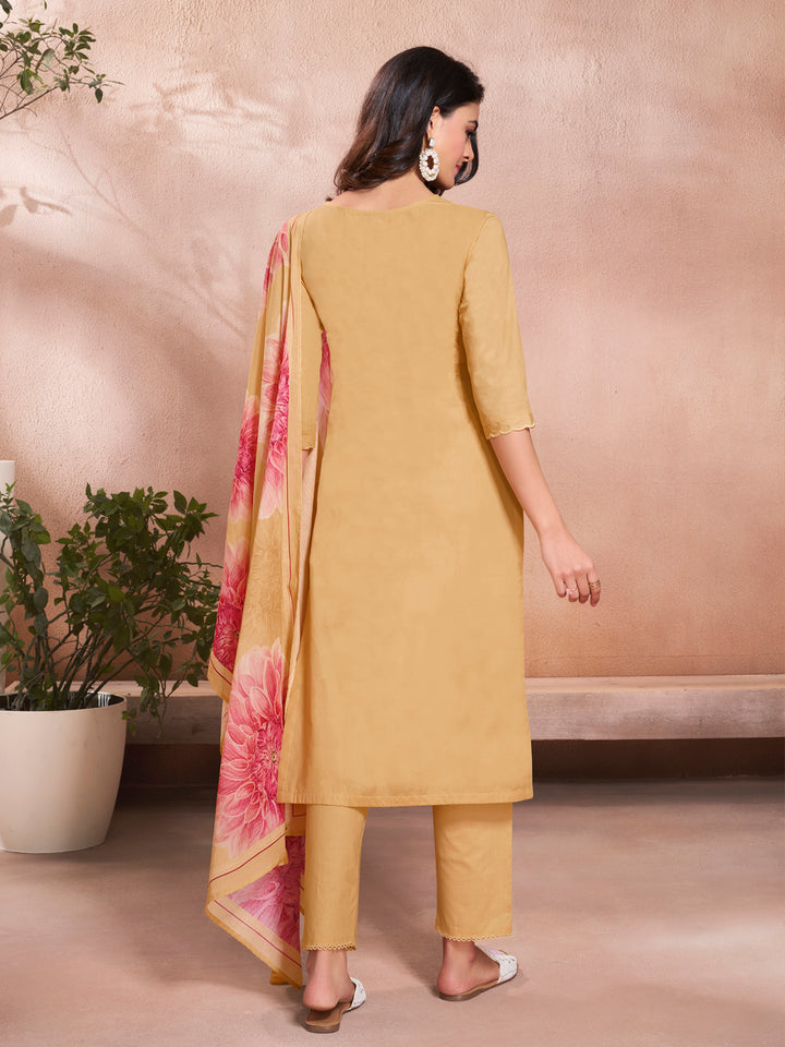 Yellow Cotton Top with Designer Border Trouser and Digital Floral Dupatta Kurta Suit Set