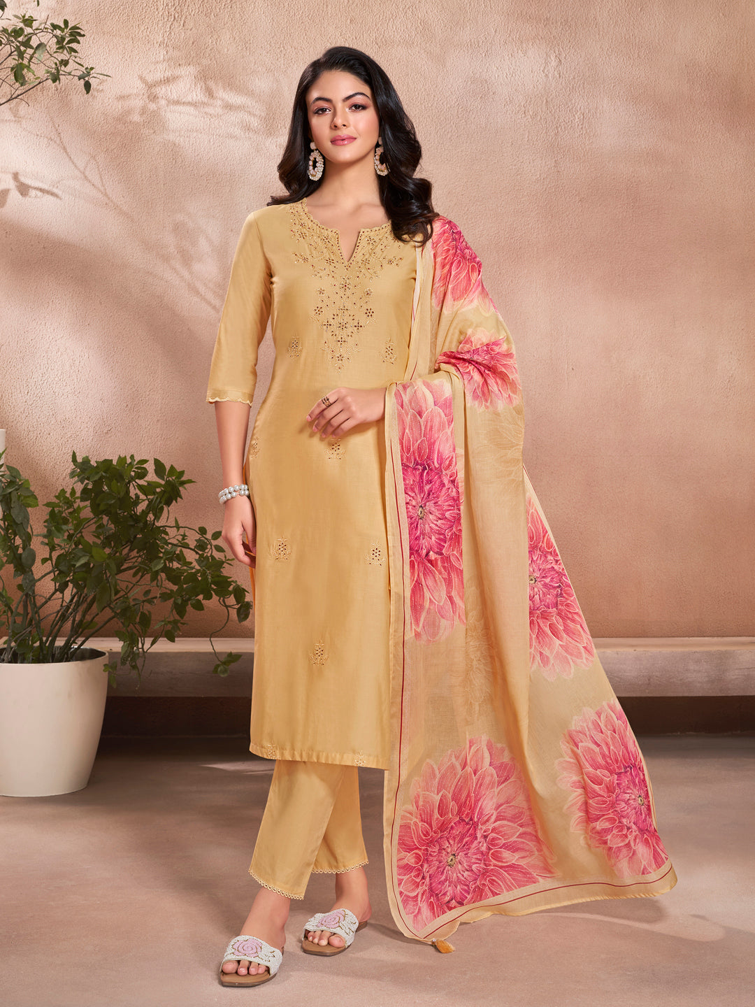 Yellow Cotton Top with Designer Border Trouser and Digital Floral Dupatta Kurta Suit Set