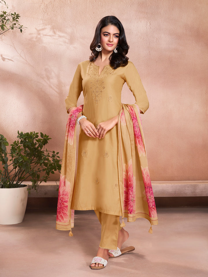 Yellow Cotton Top with Designer Border Trouser and Digital Floral Dupatta Kurta Suit Set