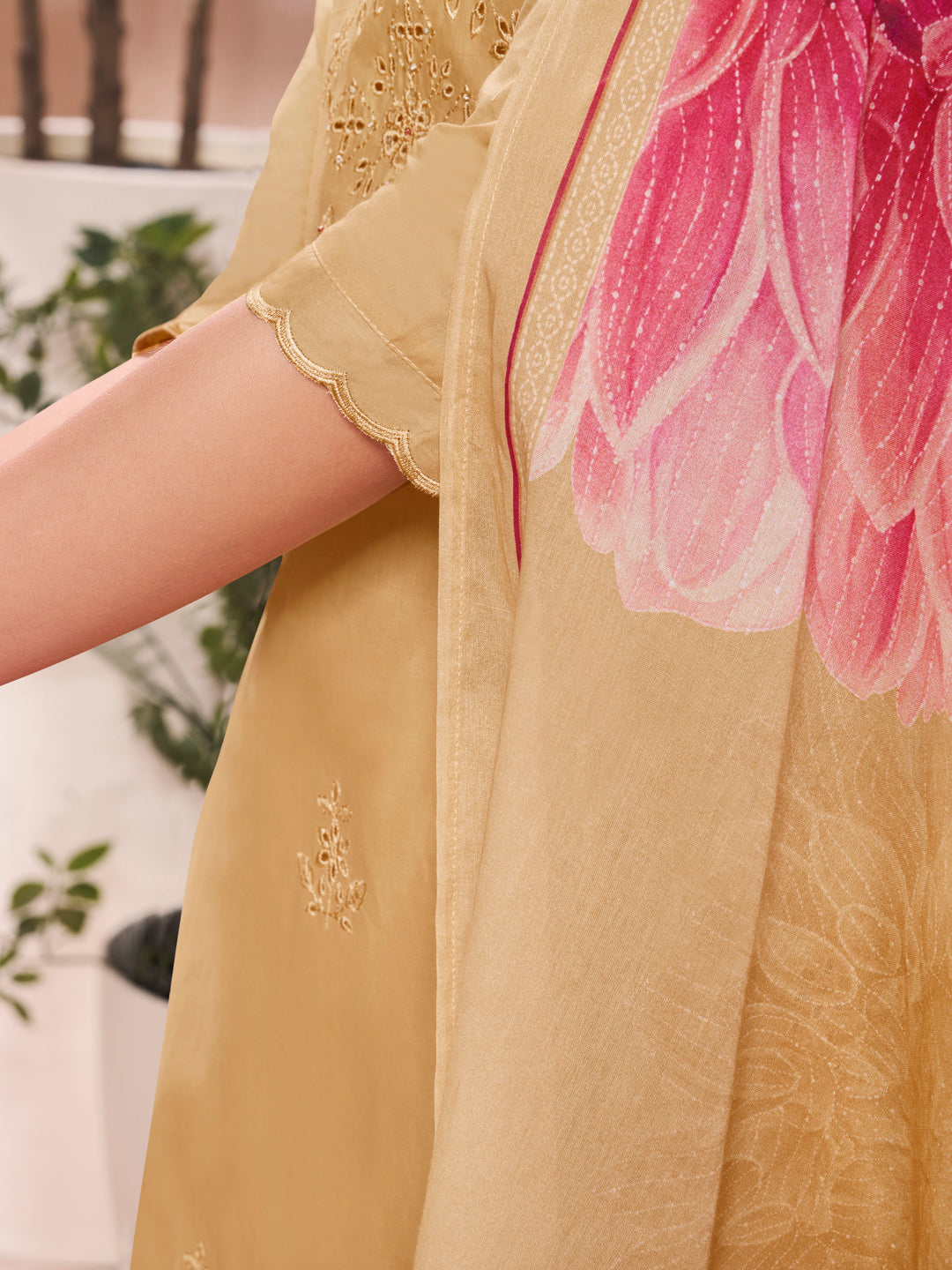 Yellow Cotton Top with Designer Border Trouser and Digital Floral Dupatta Kurta Suit Set