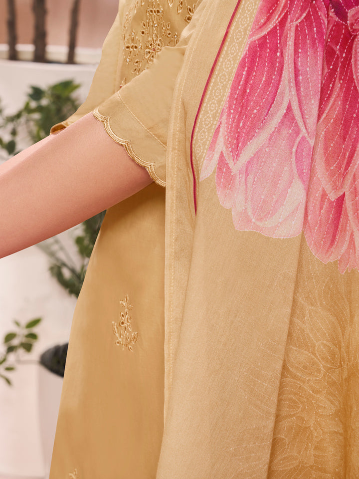 Yellow Cotton Top with Designer Border Trouser and Digital Floral Dupatta Kurta Suit Set
