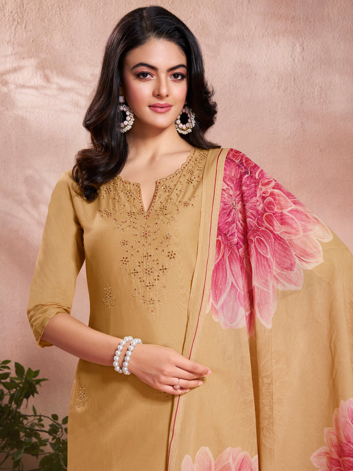 Yellow Cotton Top with Designer Border Trouser and Digital Floral Dupatta Kurta Suit Set