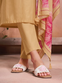 Yellow Cotton Top with Designer Border Trouser and Digital Floral Dupatta Kurta Suit Set