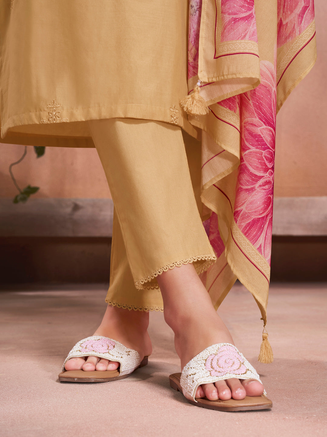 Yellow Cotton Top with Designer Border Trouser and Digital Floral Dupatta Kurta Suit Set