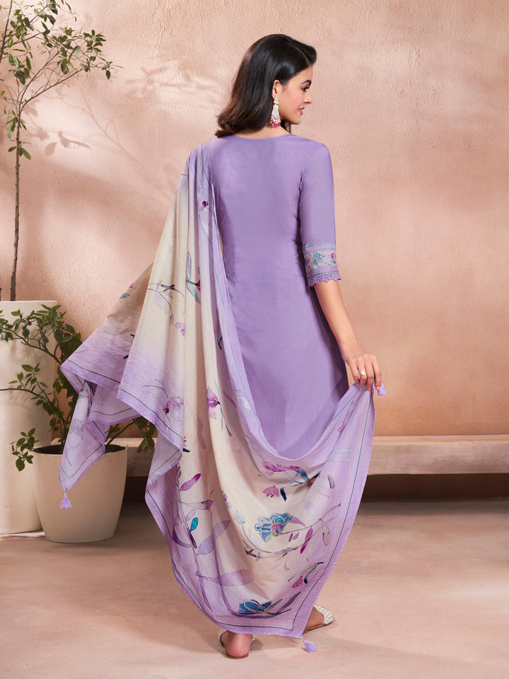Lavender Cotton Top with Designer Border Trouser and Digital Floral Dupatta Kurta Suit Set.
