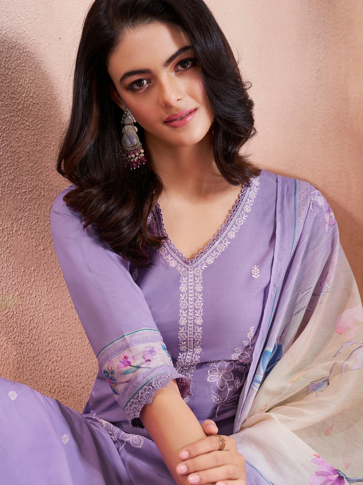 Lavender Cotton Top with Designer Border Trouser and Digital Floral Dupatta Kurta Suit Set.