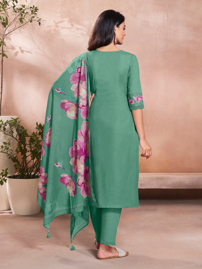 Green Cotton Top with Designer Border Trouser and Digital Floral Dupatta Kurta Suit Set