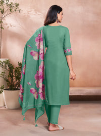 Green Cotton Top with Designer Border Trouser and Digital Floral Dupatta Kurta Suit Set