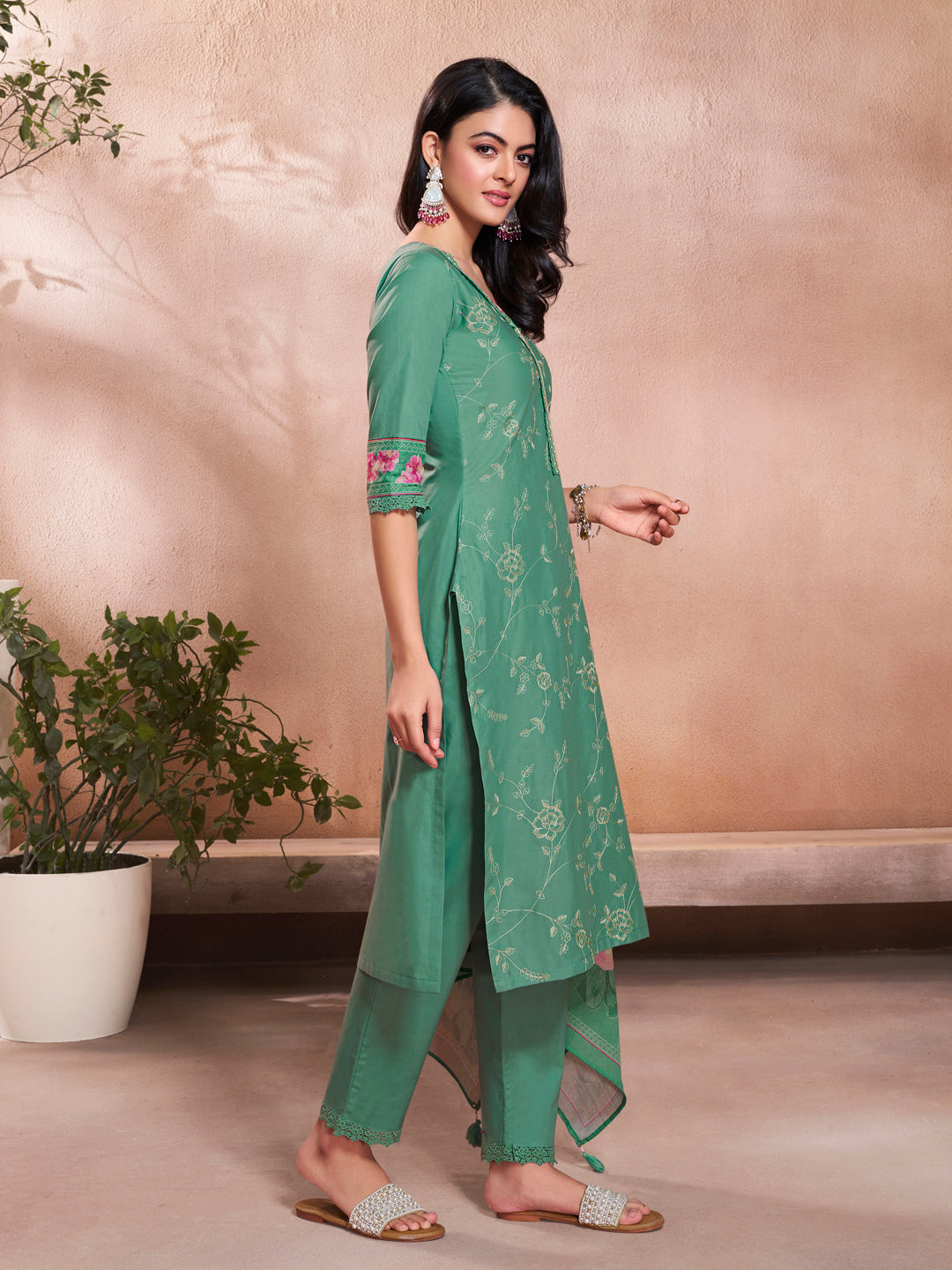Green Cotton Top with Designer Border Trouser and Digital Floral Dupatta Kurta Suit Set