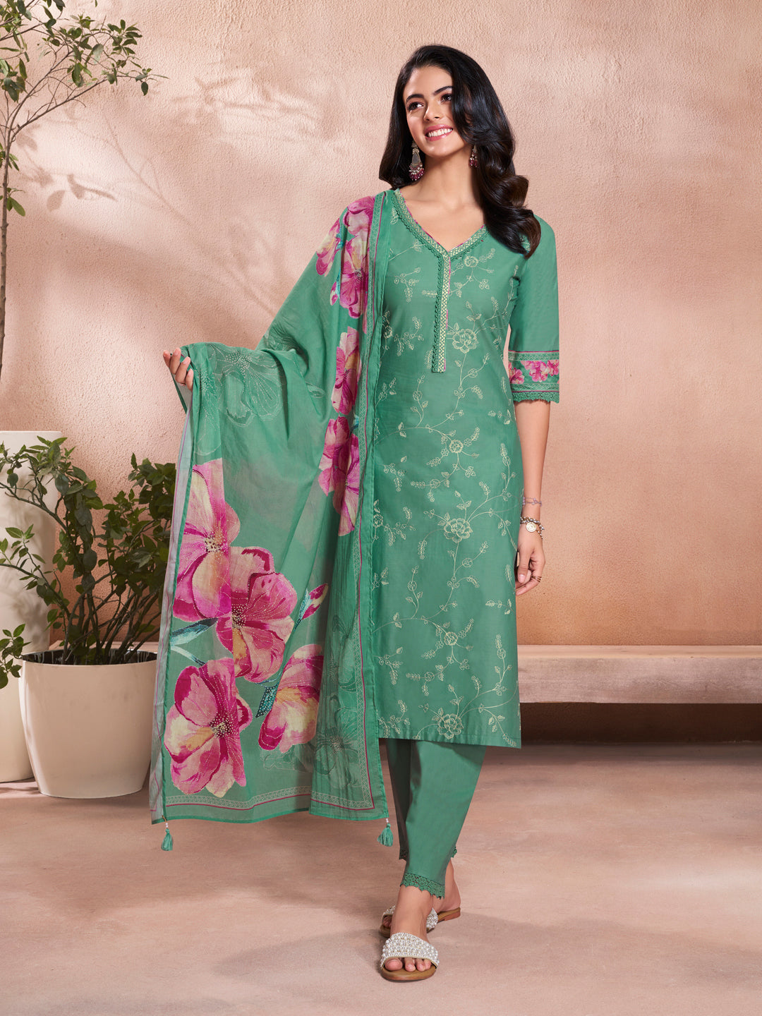 Green Cotton Top with Designer Border Trouser and Digital Floral Dupatta Kurta Suit Set