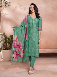 Green Cotton Top with Designer Border Trouser and Digital Floral Dupatta Kurta Suit Set