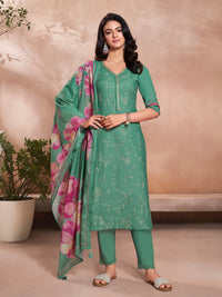 Green Cotton Top with Designer Border Trouser and Digital Floral Dupatta Kurta Suit Set