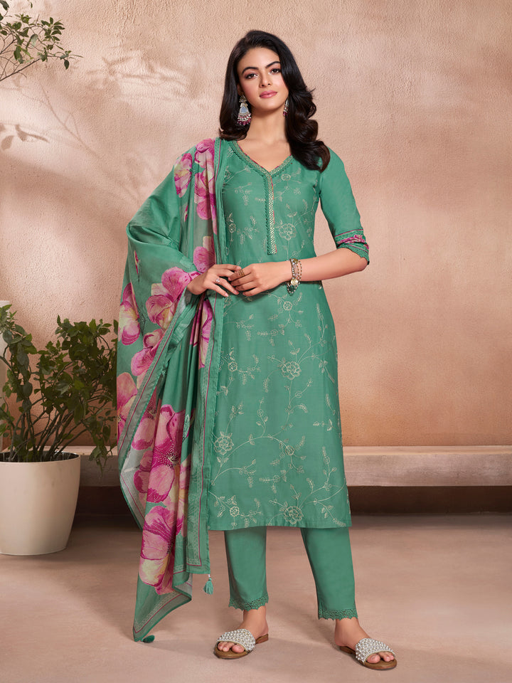 Green Cotton Top with Designer Border Trouser and Digital Floral Dupatta Kurta Suit Set