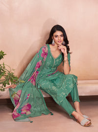 Green Cotton Top with Designer Border Trouser and Digital Floral Dupatta Kurta Suit Set