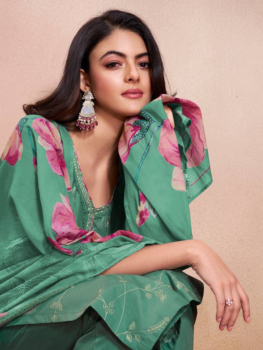 Green Cotton Top with Designer Border Trouser and Digital Floral Dupatta Kurta Suit Set