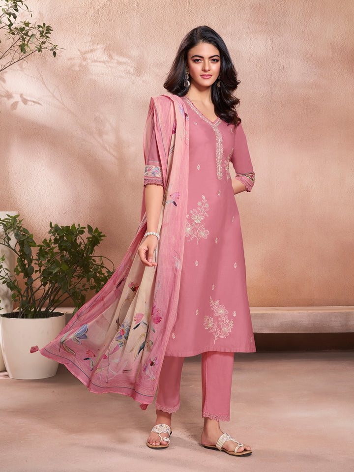 Baby Pink Cotton Top with Designer Border Trouser and Digital Floral Dupatta Kurta Suit Set.