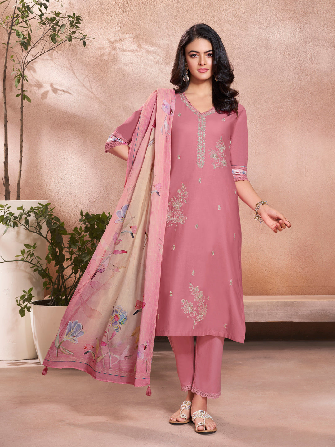 Baby Pink Cotton Top with Designer Border Trouser and Digital Floral Dupatta Kurta Suit Set.