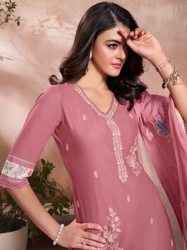 Baby Pink Cotton Top with Designer Border Trouser and Digital Floral Dupatta Kurta Suit Set.