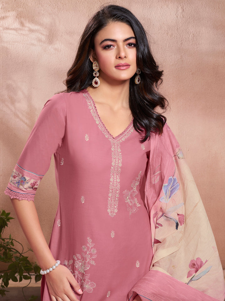 Baby Pink Cotton Top with Designer Border Trouser and Digital Floral Dupatta Kurta Suit Set.
