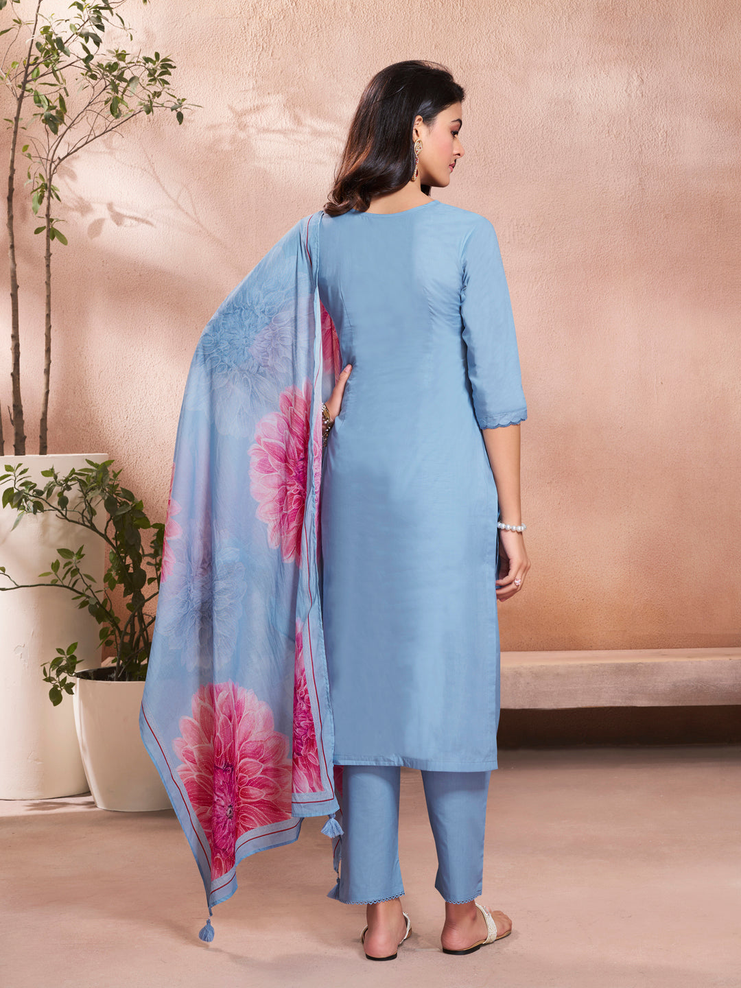 Blue Cotton Top with Designer Border Trouser and Digital Floral Dupatta Kurta Suit Set.