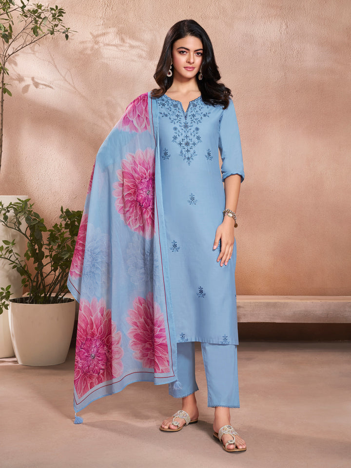 Blue Cotton Top with Designer Border Trouser and Digital Floral Dupatta Kurta Suit Set.