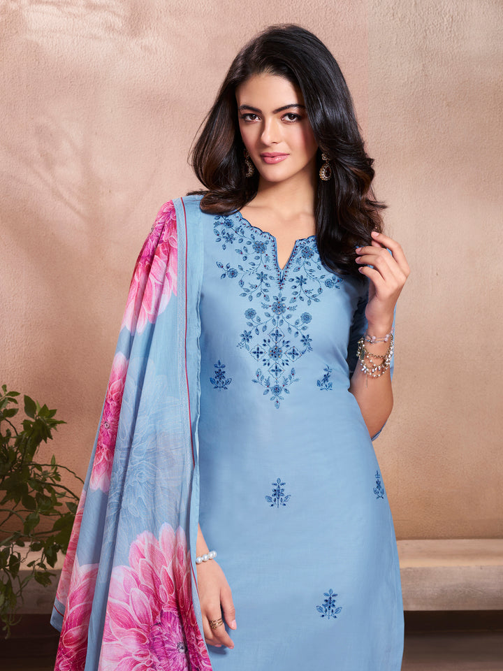 Blue Cotton Top with Designer Border Trouser and Digital Floral Dupatta Kurta Suit Set.