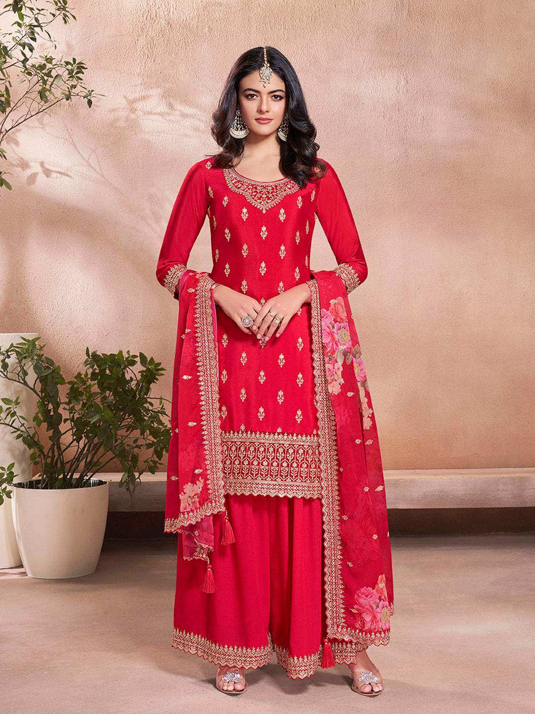 Red Butti Floral Pattern Sequins Embroidered Sharara Suit Set